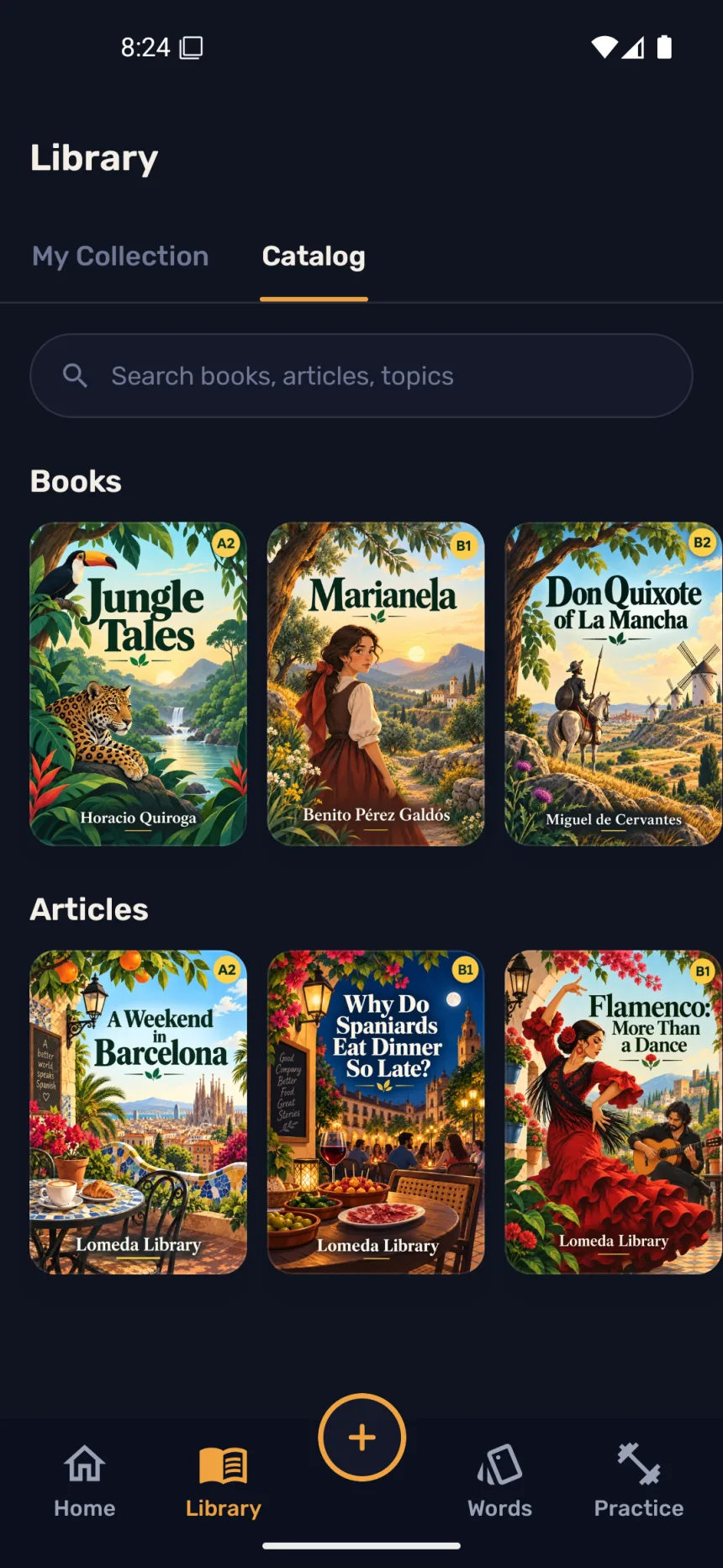 The Lomeda Library catalog: books such as Jungle Tales, Marianela and Don Quixote of La Mancha, and articles such as A Weekend in Barcelona, each marked with its level.